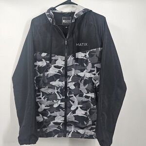 Matix full-zip hooded windbreaker jacket Small gray and black fish/shark